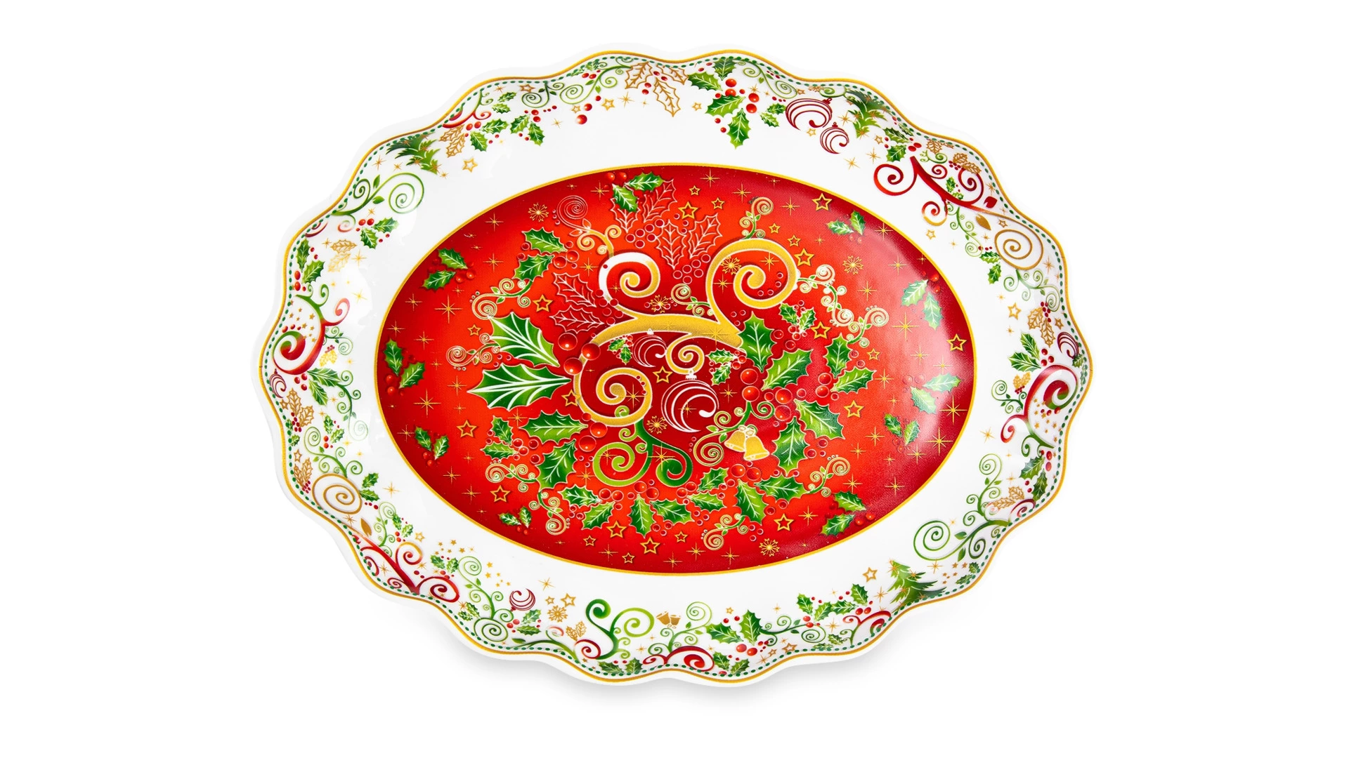 Блюдо овальное Lamart Palais Royal Рождественская Омела 28х22 см, борт волна, фарфор