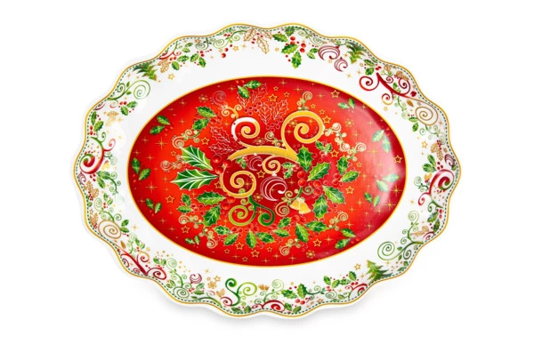 Блюдо овальное Lamart Palais Royal Рождественская Омела 28х22 см, борт волна, фарфор