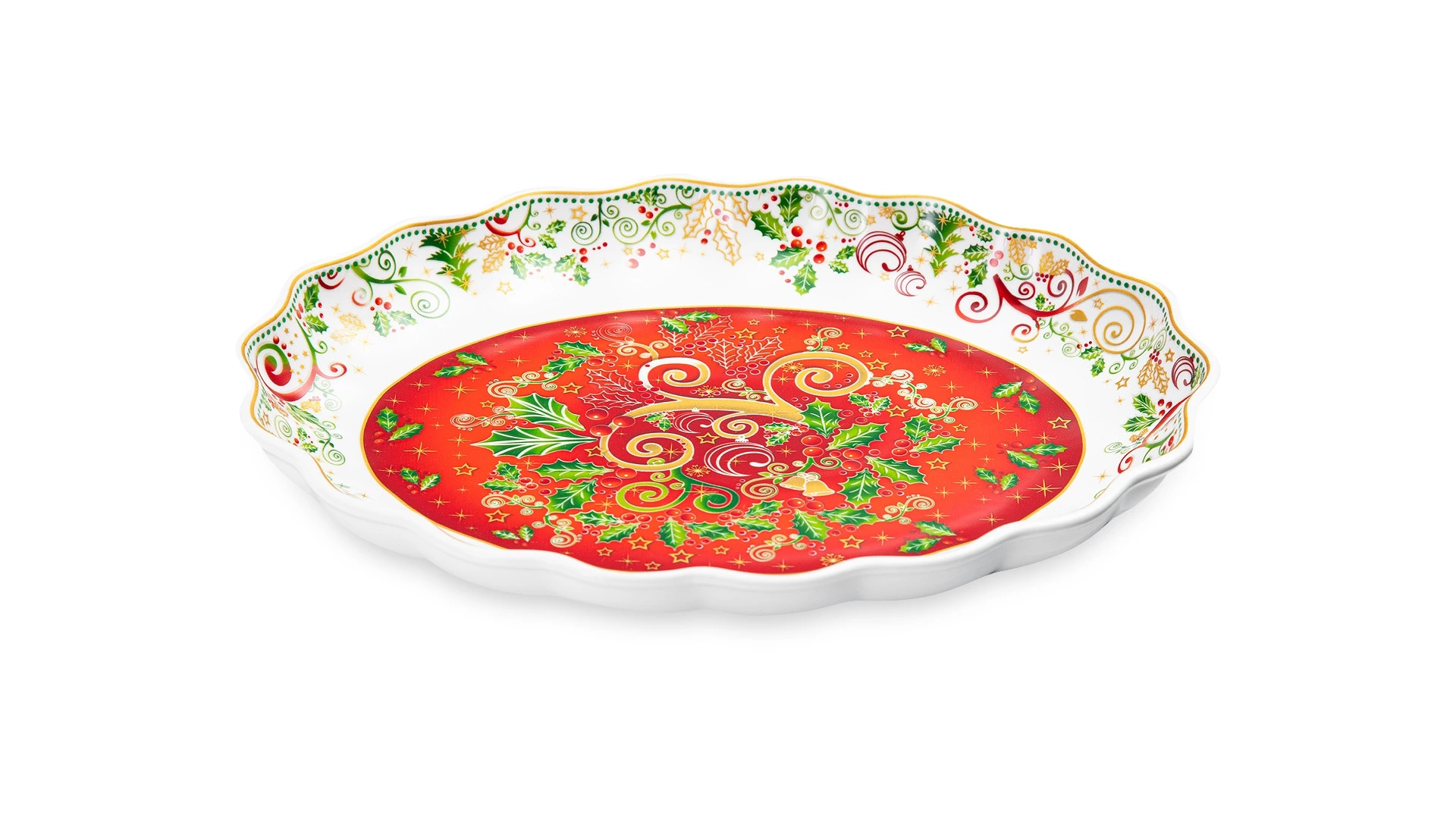 Блюдо овальное Lamart Palais Royal Рождественская Омела 28х22 см, борт волна, фарфор