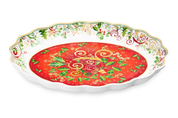 Блюдо овальное Lamart Palais Royal Рождественская Омела 28х22 см, борт волна, фарфор