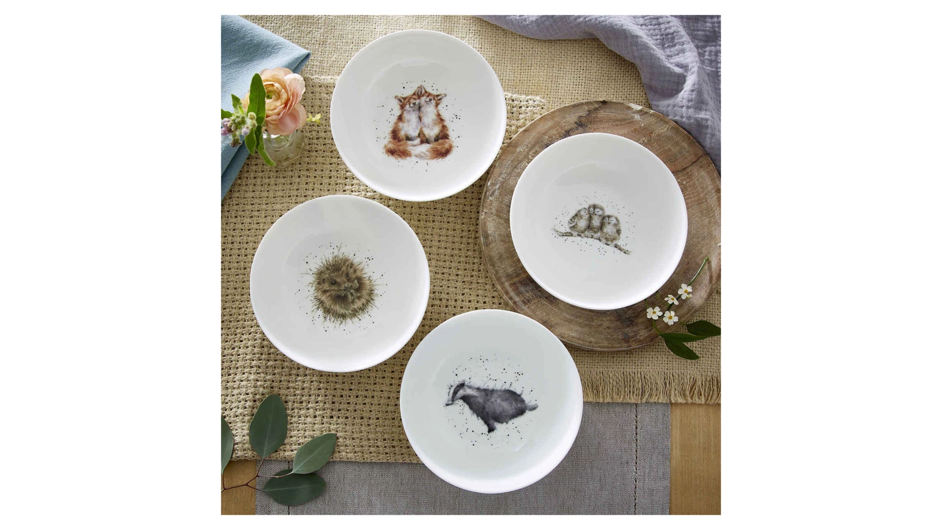 Набор тарелок для каши Royal Worcester Забавная фауна Барсук, еж, лиса, сова 15 см, 4 шт