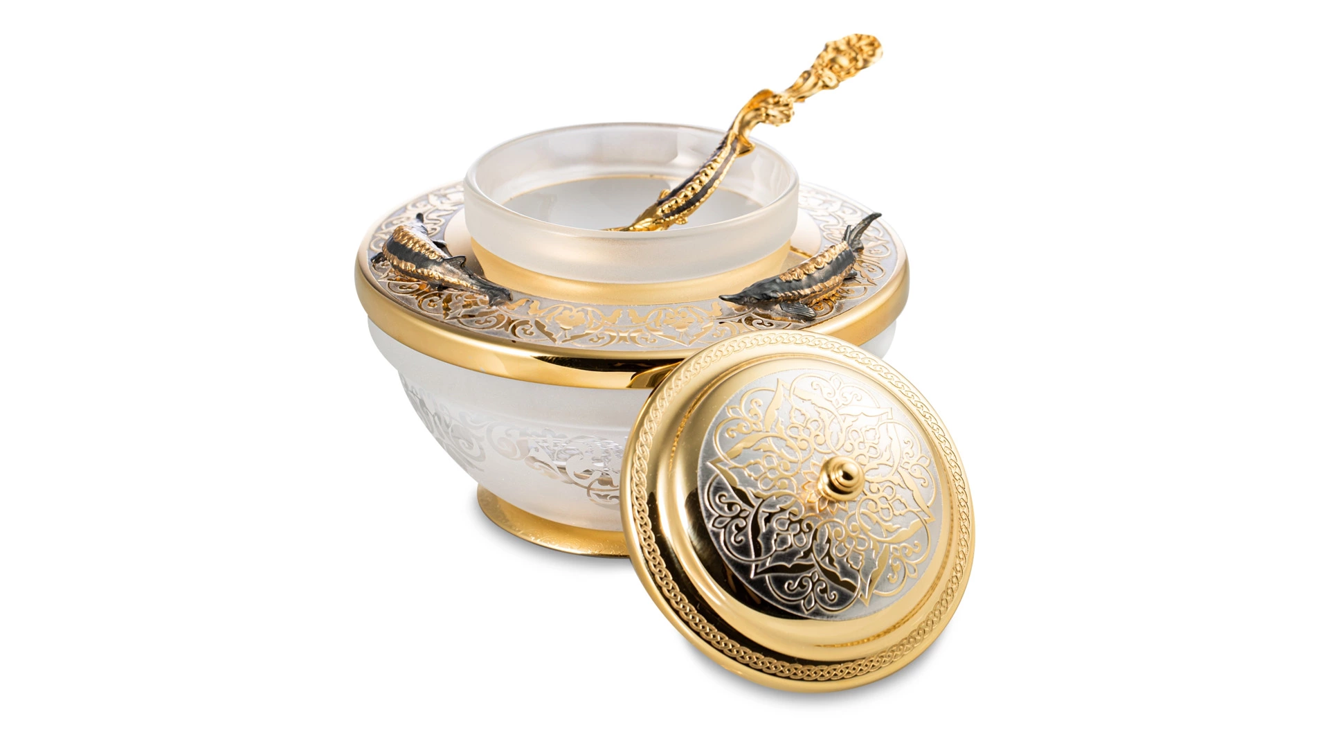 Икорница с ложкой Bronza-magazin Белужья 60 мл с позолотой, латунь, п/к