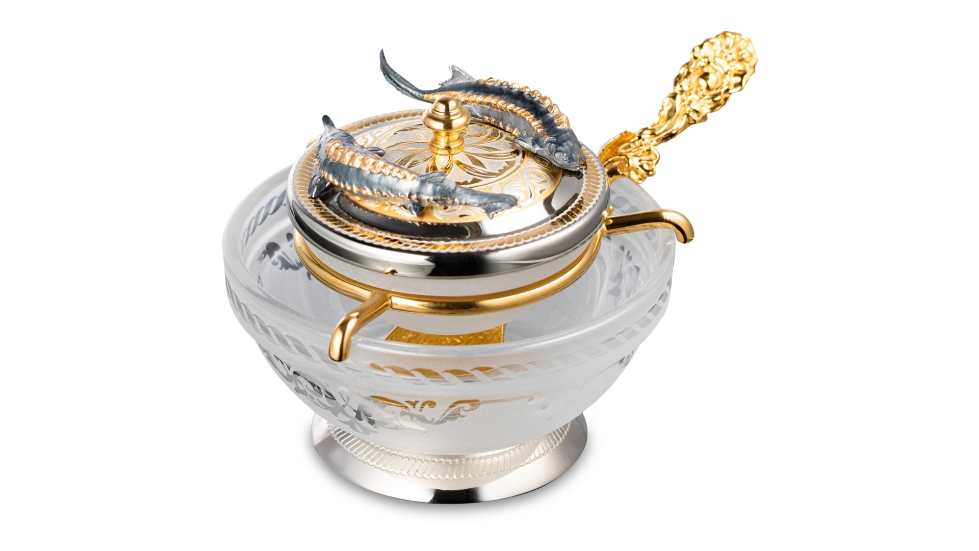 Икорница с ложкой Bronza-magazin Осетровая 60 мл с посеребрением, латунь, п/к