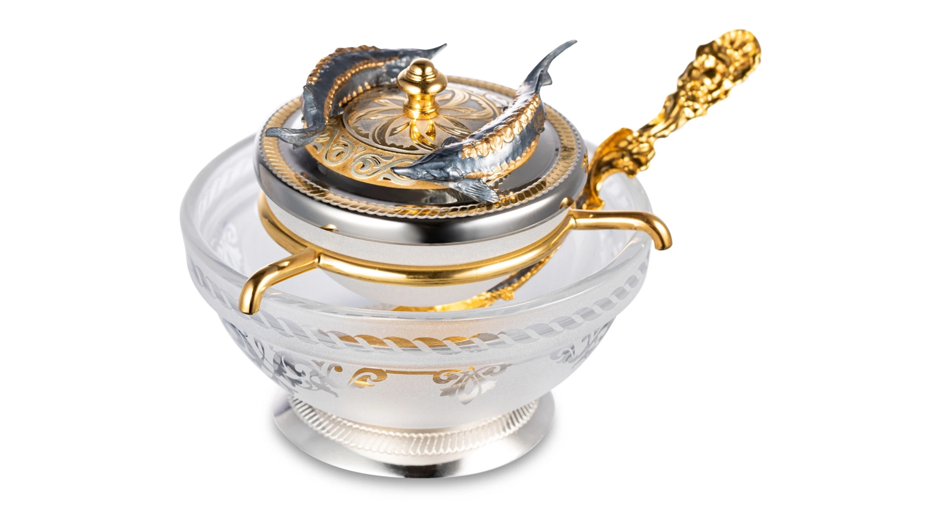 Икорница с ложкой Bronza-magazin Осетровая 60 мл с посеребрением, латунь, п/к