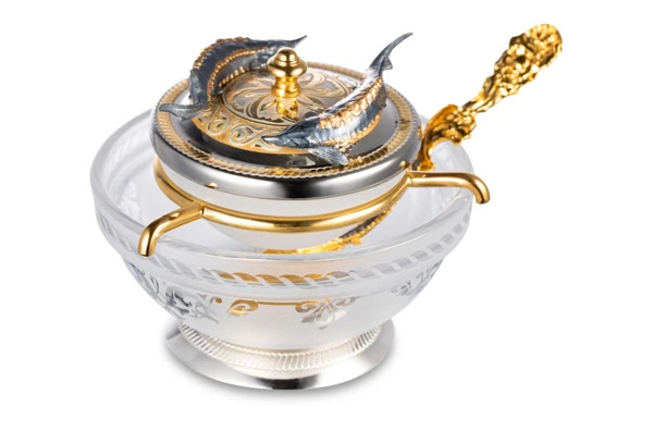 Икорница с ложкой Bronza-magazin Осетровая 60 мл с посеребрением, латунь, п/к