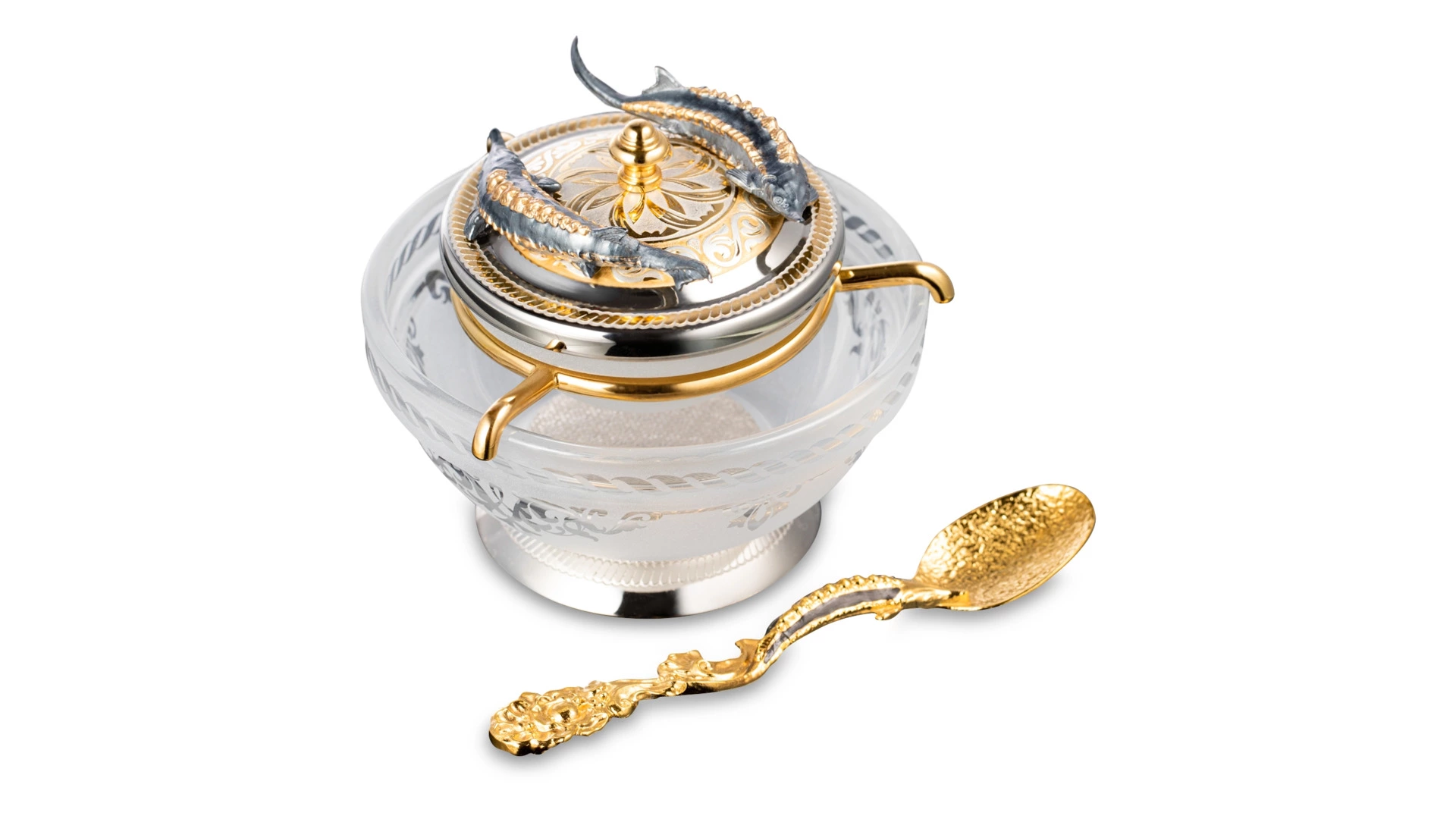 Икорница с ложкой Bronza-magazin Осетровая 60 мл с посеребрением, латунь, п/к