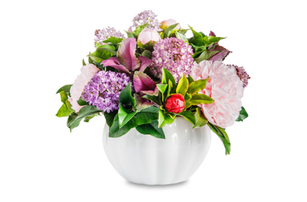 Букет розовые пионы и сирень из холодного фарфора, белая керамическая ваза