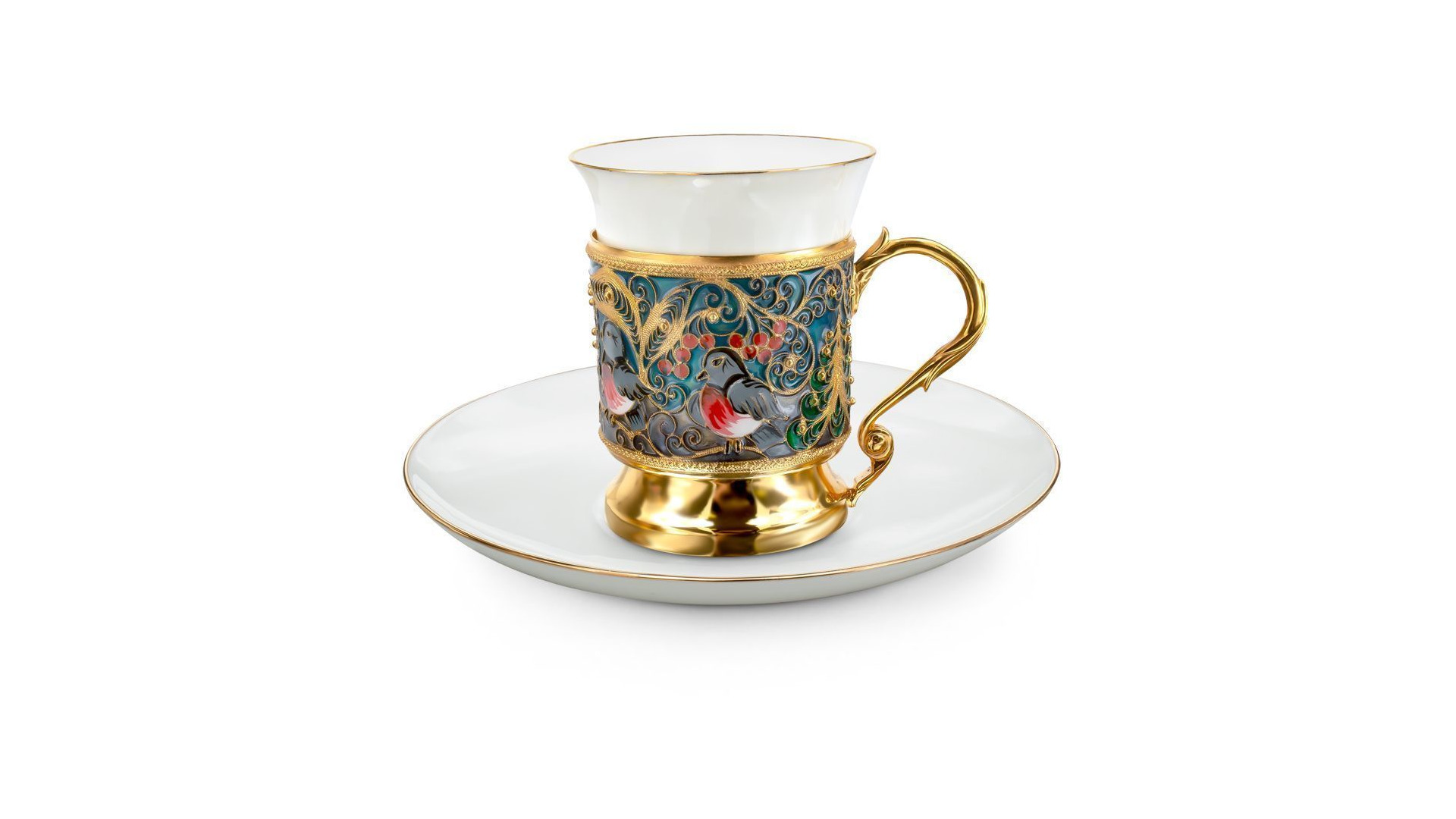 Чашка кофейная с блюдцем Русские самоцветы с эмалью 62,44 г, серебро 925