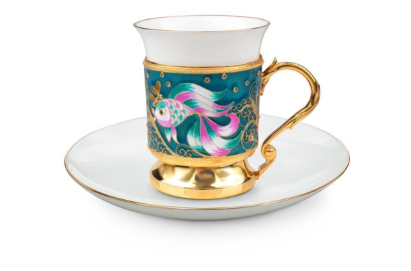 Чашка кофейная с блюдцем Русские самоцветы с эмалью 50,74 г, серебро 925