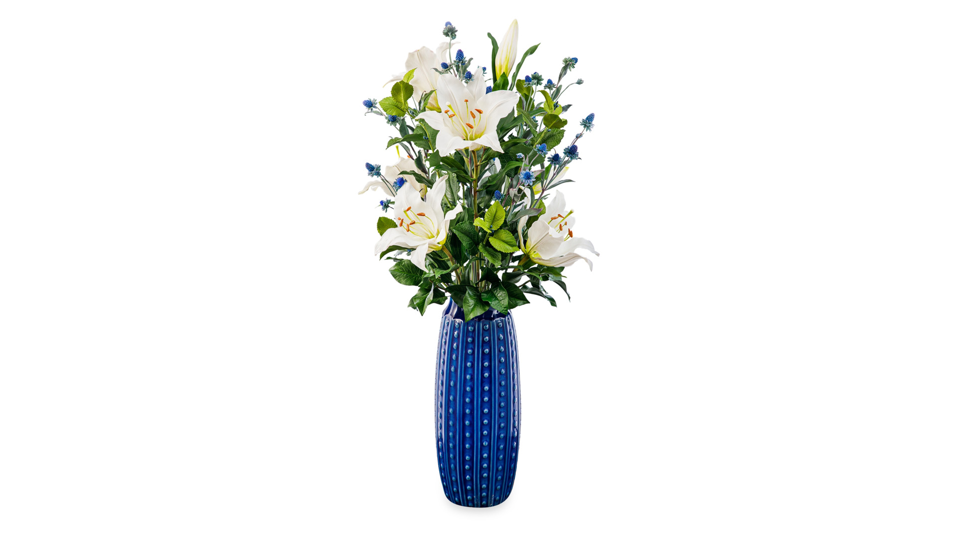 Букет из холодного фарфора Лилии с декоративной зеленью в синей керамической вазе