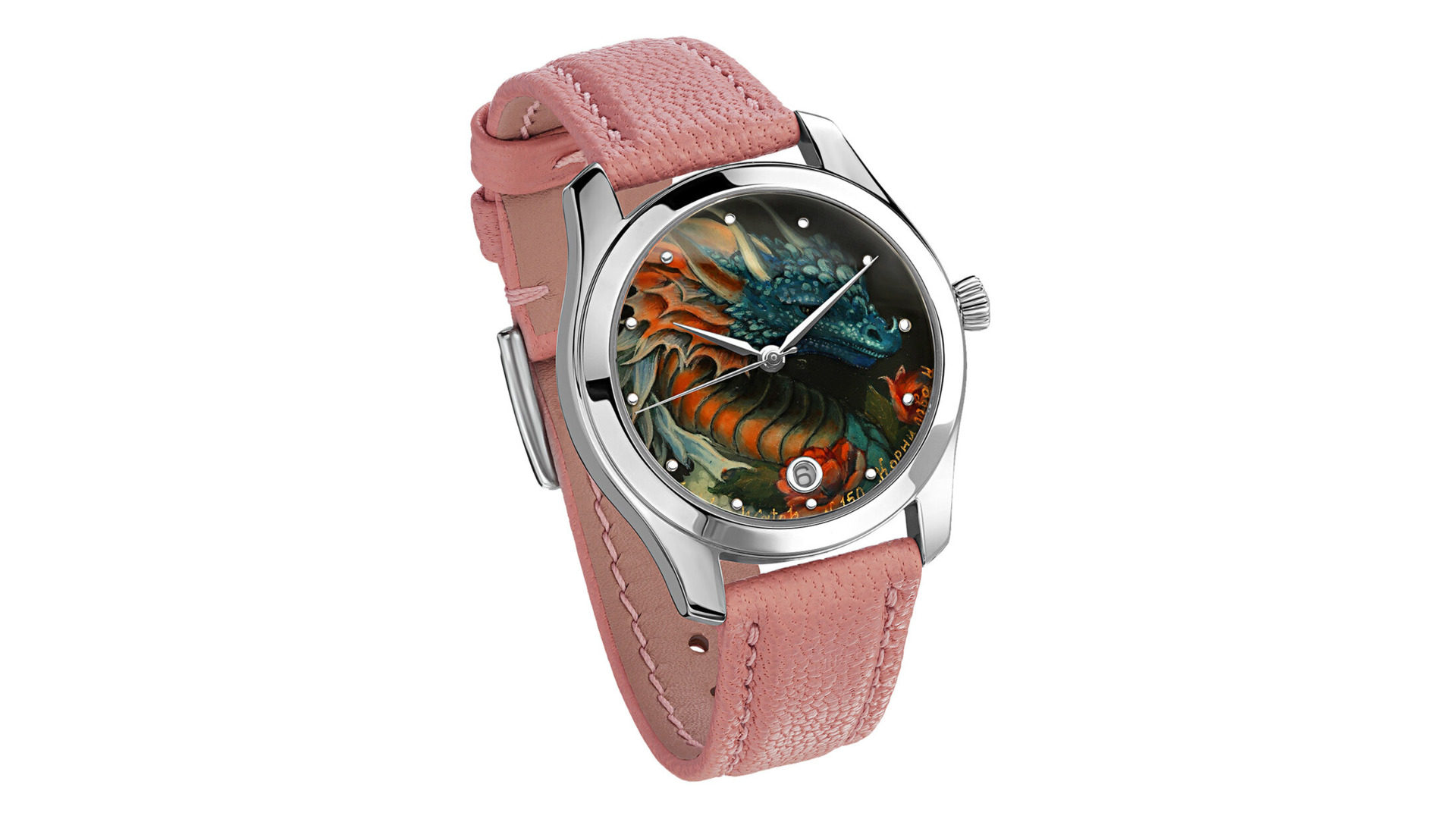 Часы наручные Palekh Watch Дракон Востока 3,6 см, нержавеющая сталь, розовые, п/к