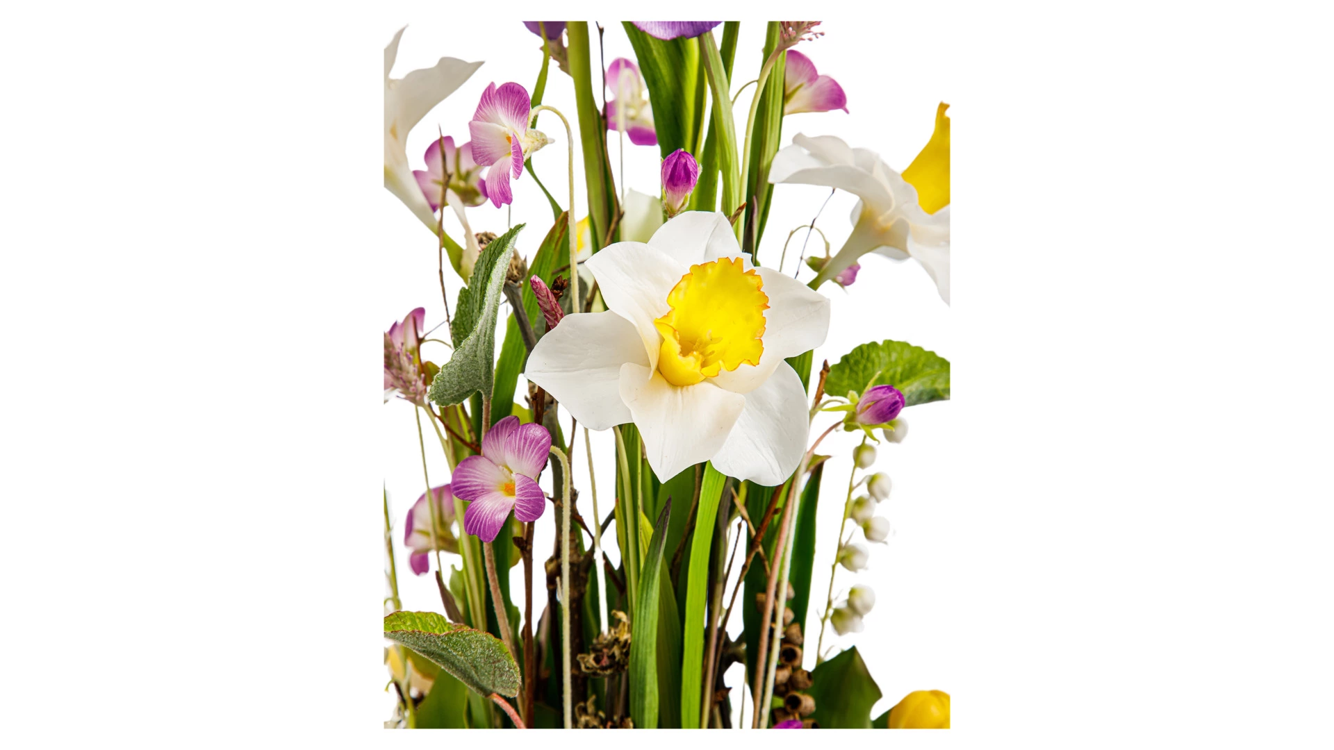 Композиция из холодного фарфора из ирисов, нарциссов, ландыша, крокуса, лесной фиалки в куполе