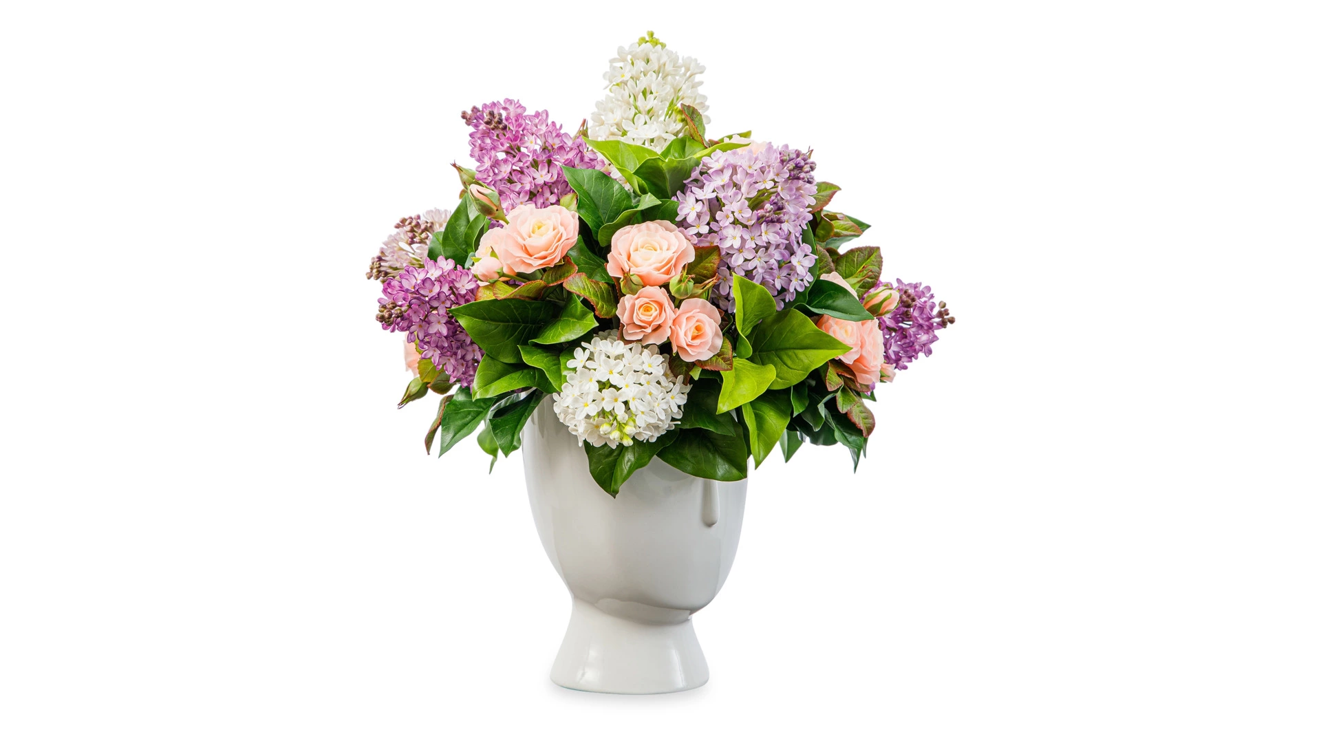 Композиция из холодного фарфора в белой керамической вазе из сирени и чайных роз