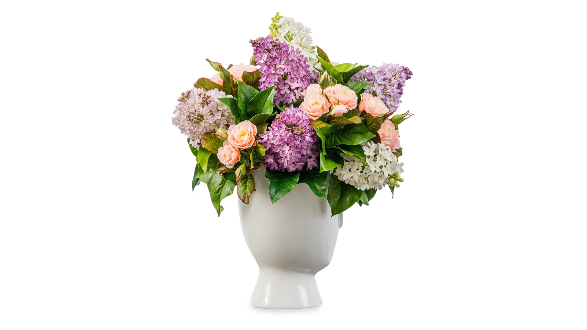 Композиция из холодного фарфора в белой керамической вазе из сирени и чайных роз