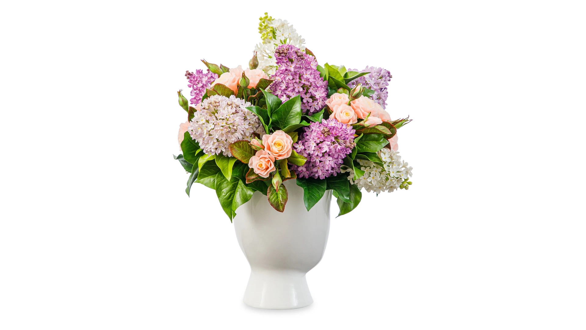 Композиция из холодного фарфора в белой керамической вазе из сирени и чайных роз