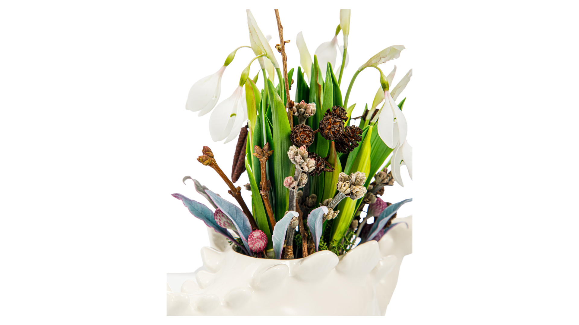 Подснежники с полевыми цветами и травами из холодного фарфора в керамическом кашпо дракон