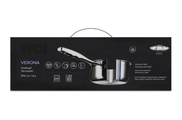 Ковш со стеклянной крышкой WO HOME Verona 1,6 л, 16x8 см, сталь нержавеющая 18/10, п/к