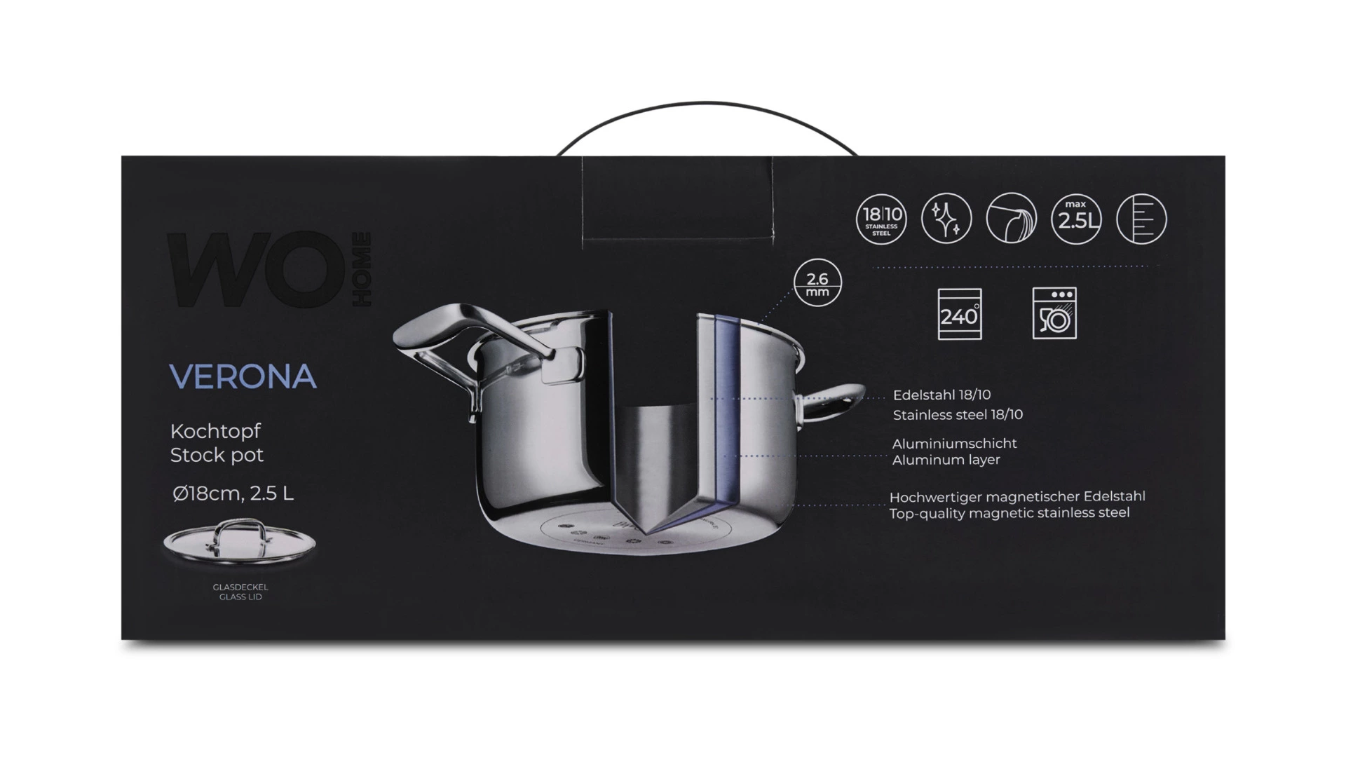 Кастрюля со стеклянной крышкой WO HOME Verona 2,5 л, 18х10 см, сталь нержавеющая 18/10, п/к