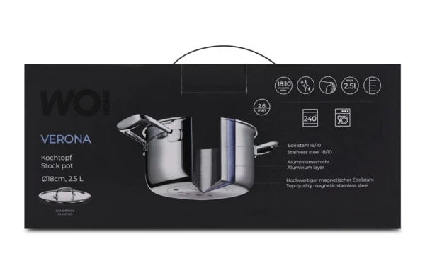 Кастрюля со стеклянной крышкой WO HOME Verona 2,5 л, 18х10 см, сталь нержавеющая 18/10, п/к