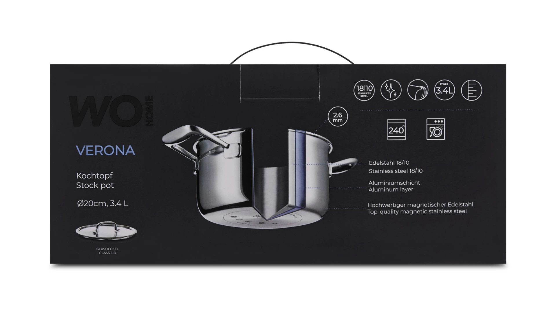 Кастрюля со стеклянной крышкой WO HOME Verona 3,4 л, 20х11 см, сталь нержавеющая 18/10, п/к