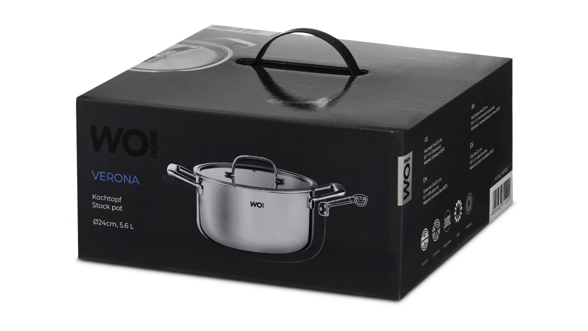 Кастрюля со стеклянной крышкой WO HOME Verona 5,6 л, 24х12,5 см, сталь нержавеющая 18/10, п/к