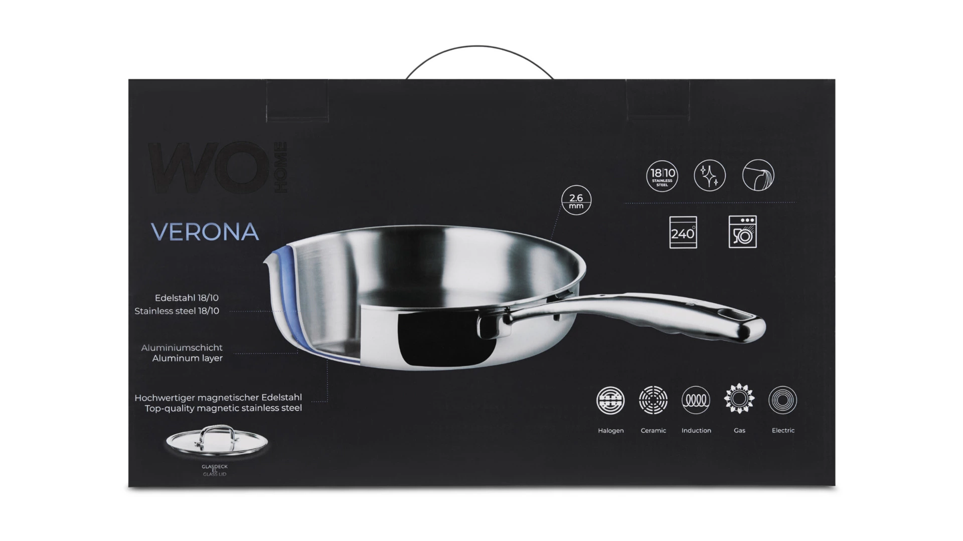 Сковорода со стеклянной крышкой WO HOME Verona 26х6 см, сталь нержавеющая, п/к