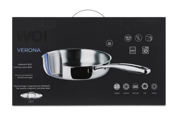 Сковорода со стеклянной крышкой WO HOME Verona 26х6 см, сталь нержавеющая, п/к