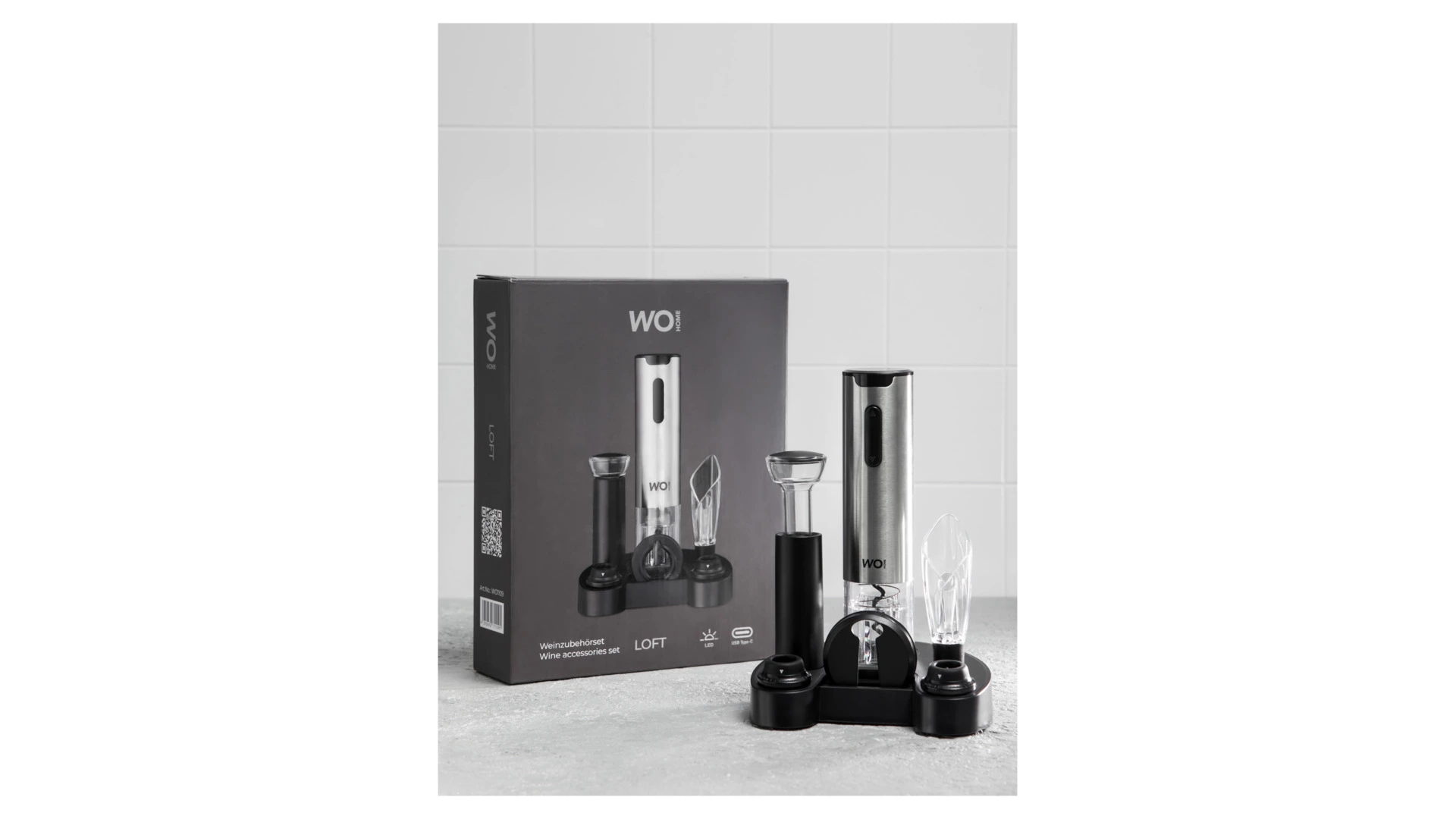 Набор винных аксессуаров на подставке WO HOME Loft, 6 предметов, 20,3 см, зарядка USB, п/к