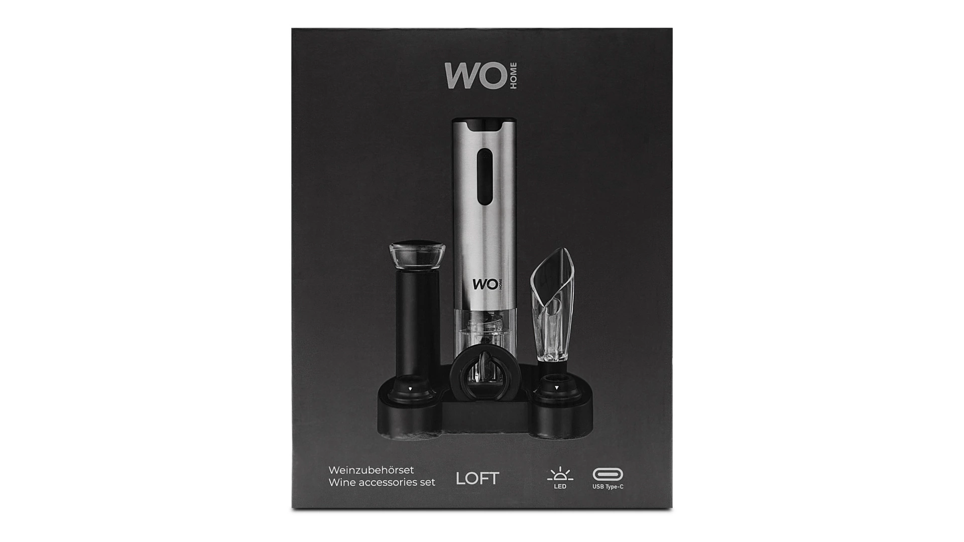 Набор винных аксессуаров на подставке WO HOME Loft, 6 предметов, 20,3 см, зарядка USB, п/к