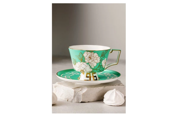Чашка чайная с блюдцем Decor de table Винтаж Магнолия 240 мл, фарфор костяной, мятная, п/к