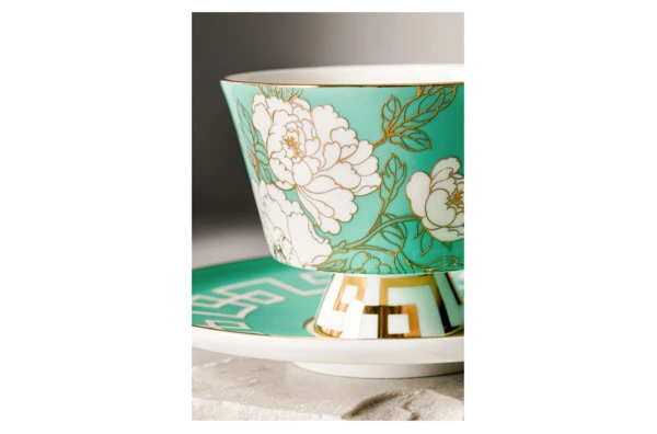 Чашка чайная с блюдцем Decor de table Винтаж Магнолия 240 мл, фарфор костяной, мятная, п/к