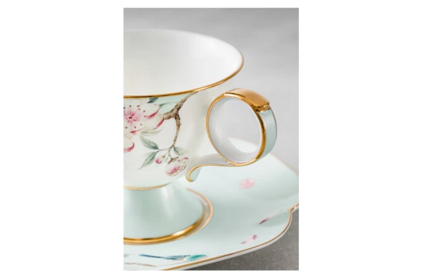 Чашка чайная с блюдцем Decor de table Винтаж Сакура 250 мл, фарфор костяной, голубая, п/к
