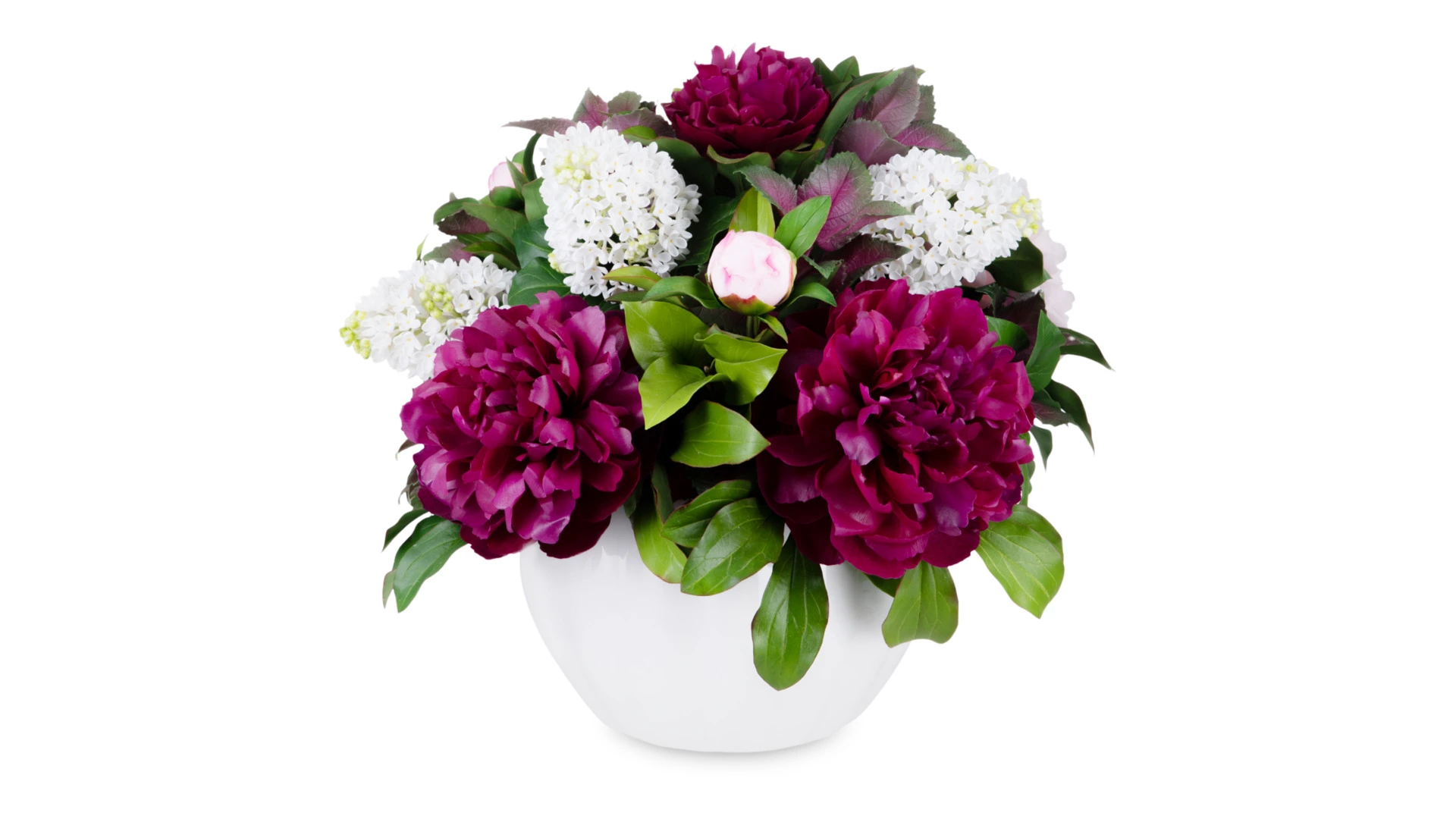 Композиция из холодного фарфора из белой сирени, бордовых и розовых пионов в белой керамической вазе