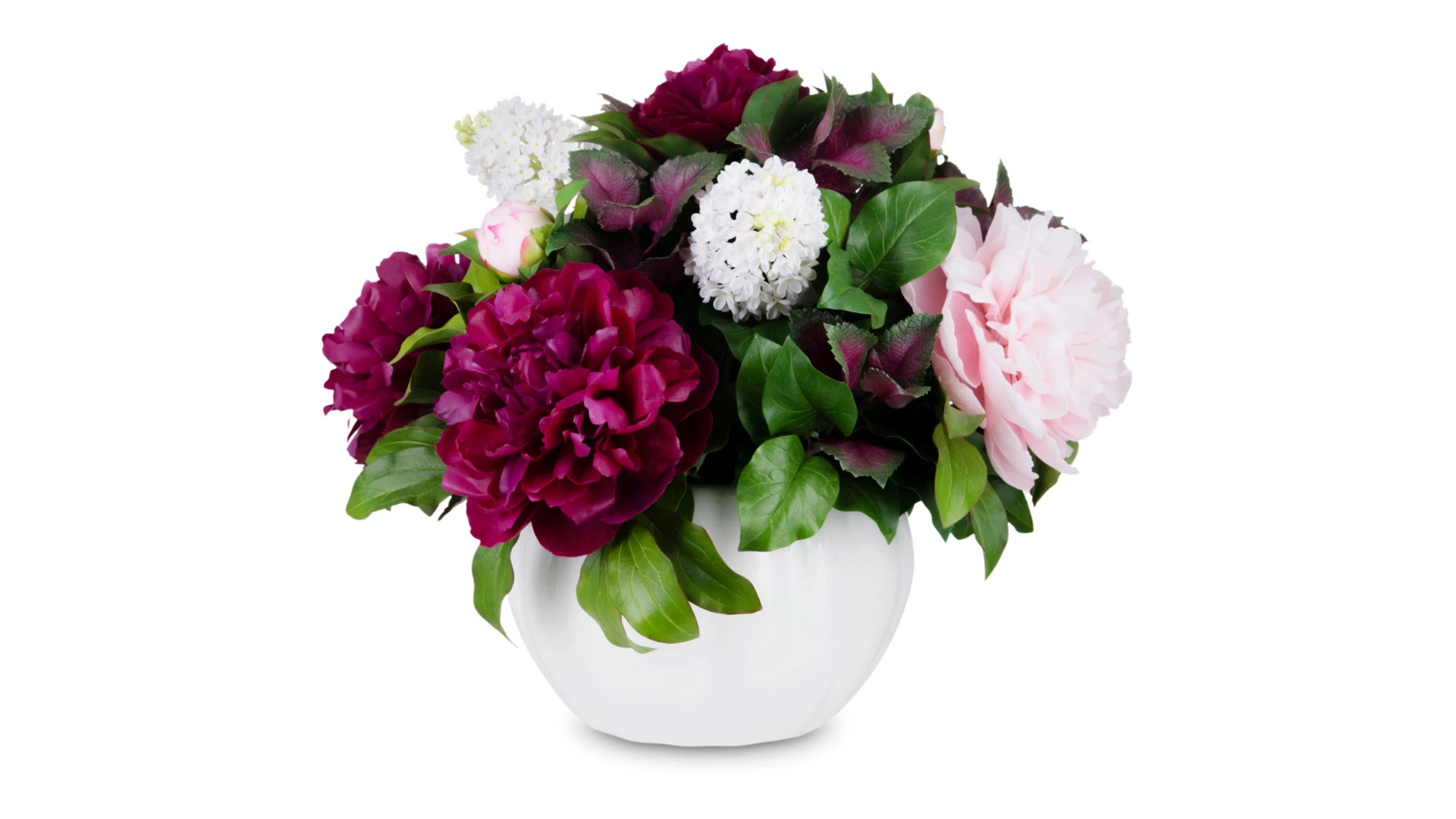 Композиция из холодного фарфора из белой сирени, бордовых и розовых пионов в белой керамической вазе