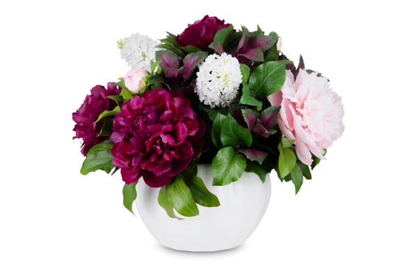 Композиция из холодного фарфора из белой сирени, бордовых и розовых пионов в белой керамической вазе