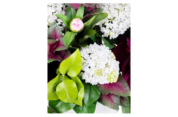 Композиция из холодного фарфора из белой сирени, бордовых и розовых пионов в белой керамической вазе