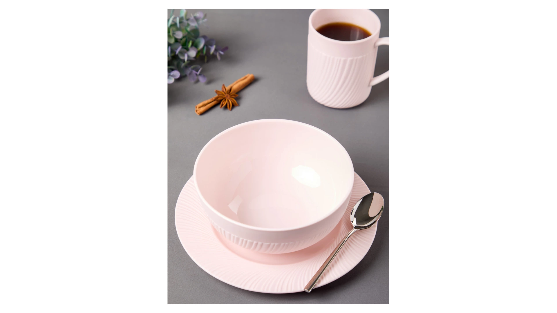 Сервиз чайно-столовый Decor de table Рассвет на 1 персону 4 предмета, рельеф, фарфор, розовый