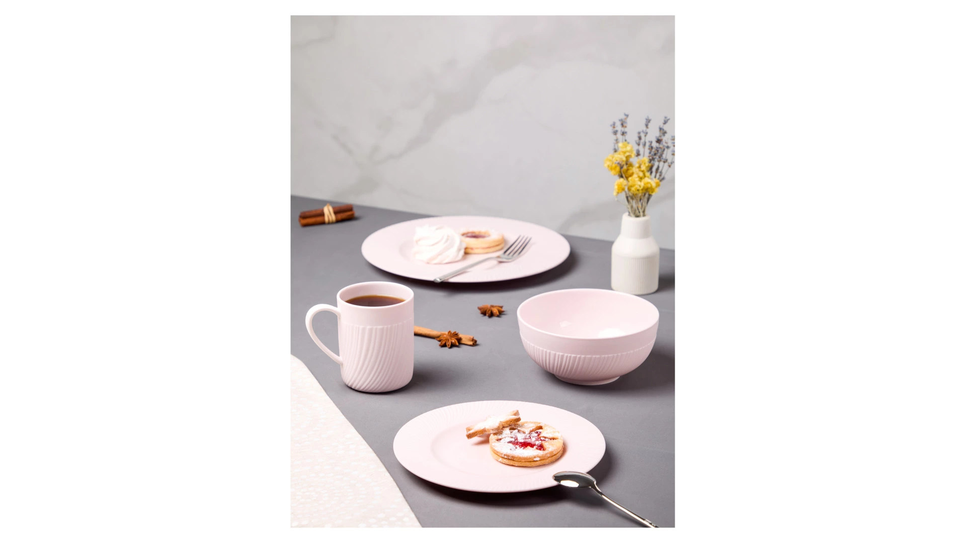 Сервиз чайно-столовый Decor de table Рассвет на 1 персону 4 предмета, рельеф, фарфор, розовый