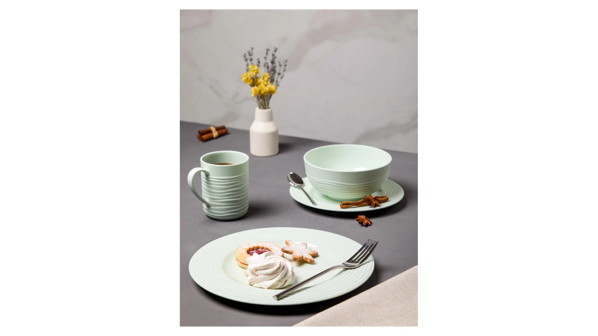 Сервиз чайно-столовый Decor de table Волна на 1 персону 4 предмета, рельеф, фарфор, мятный