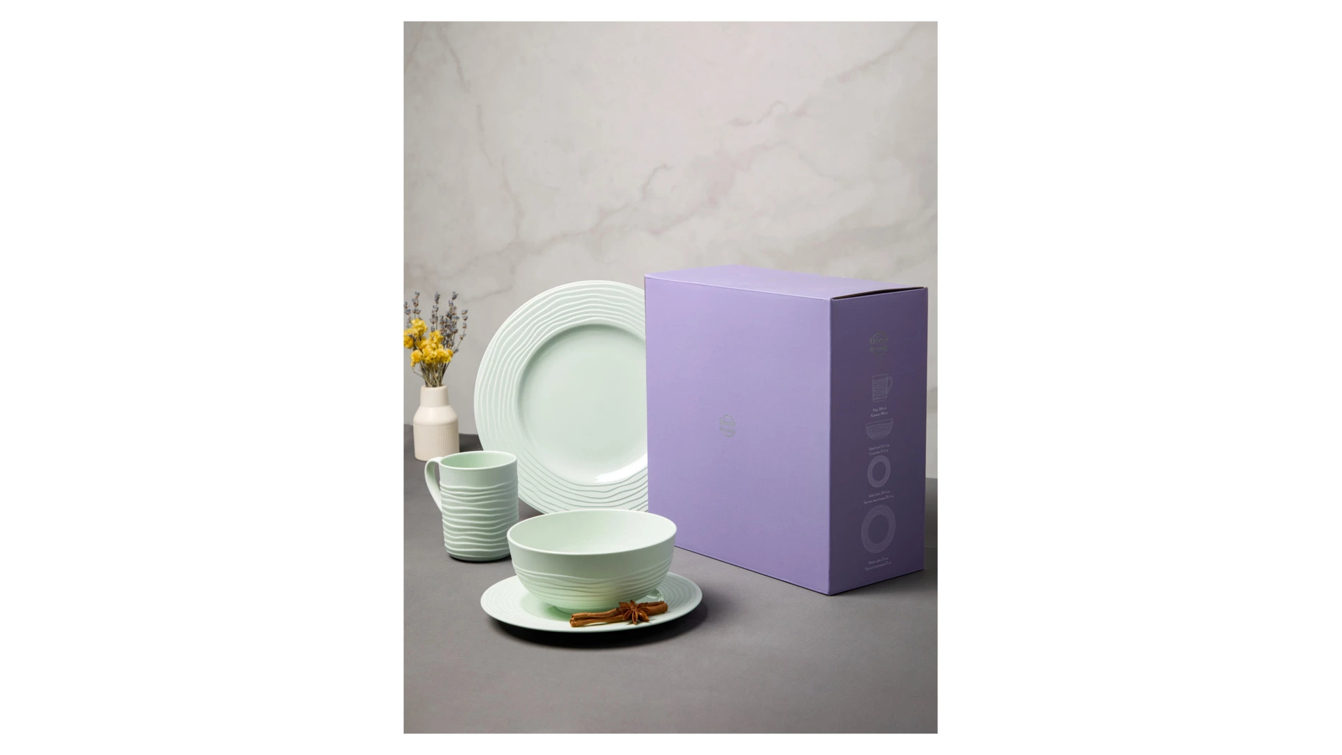 Сервиз чайно-столовый Decor de table Волна на 1 персону 4 предмета, рельеф, фарфор, мятный