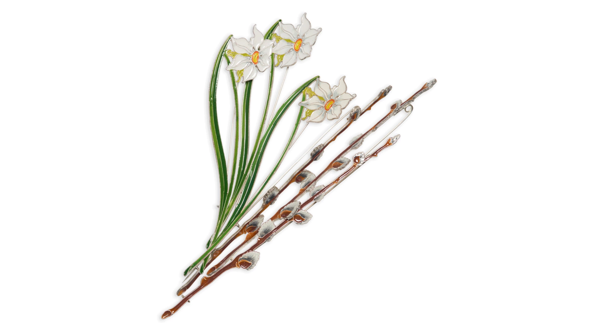 Брошь Русские самоцветы Верба 10,9 г, серебро 925