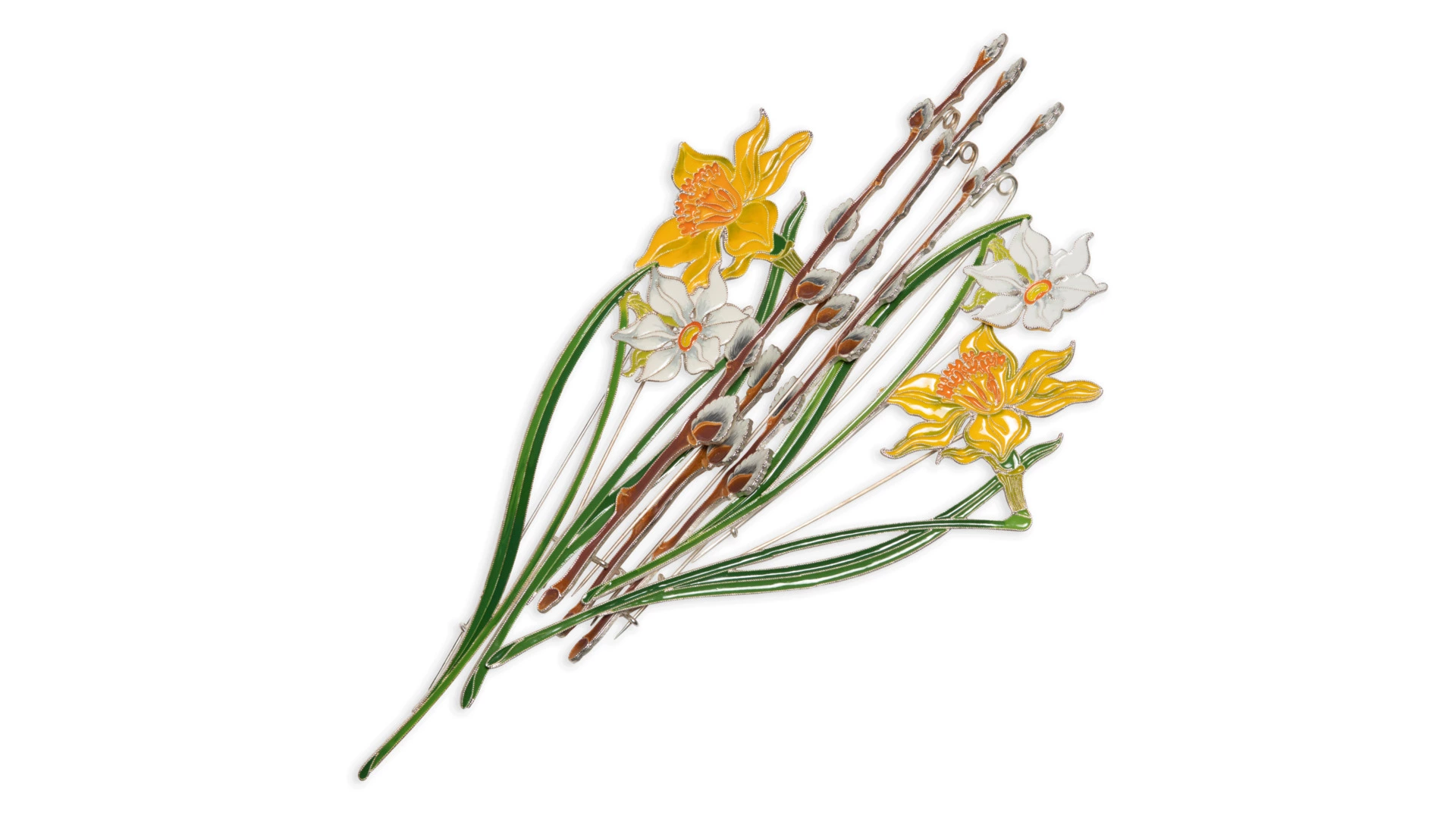 Брошь Русские самоцветы Верба 10,9 г, серебро 925