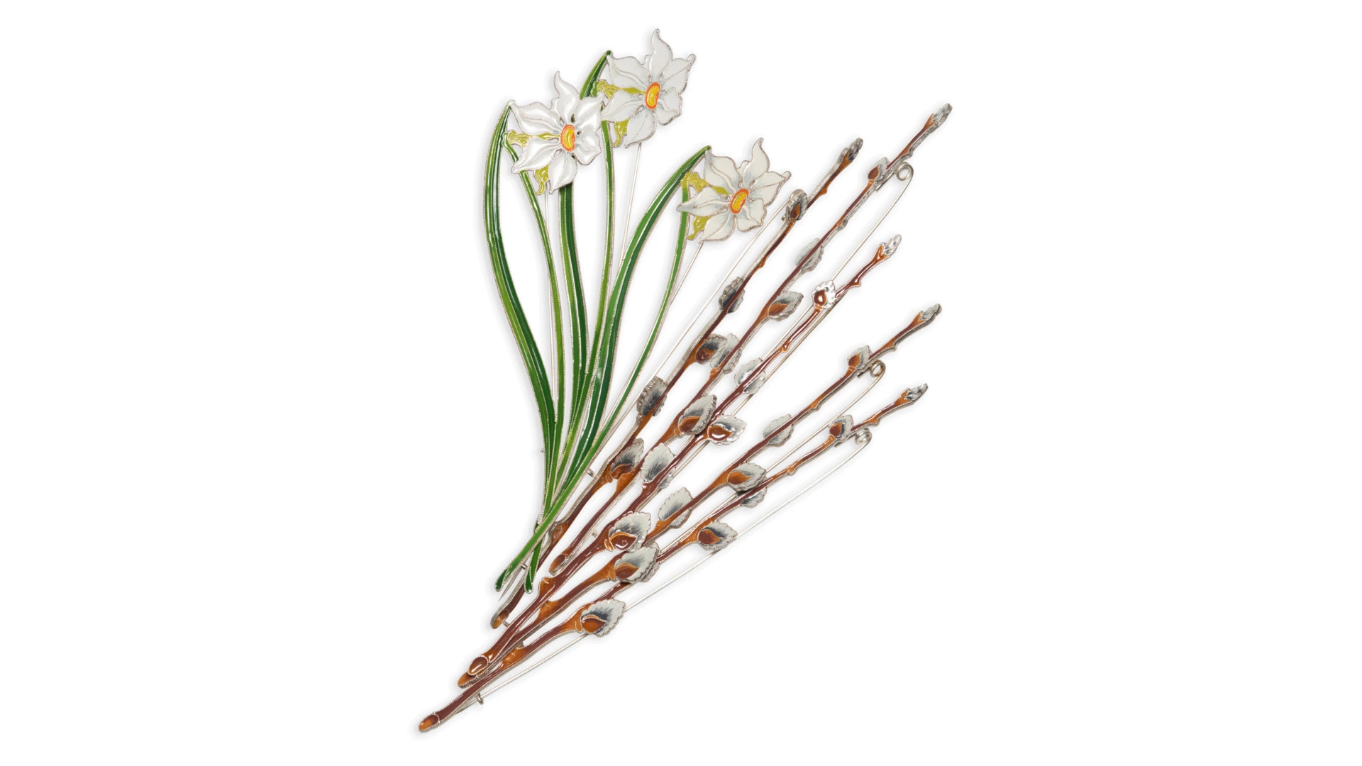 Брошь Русские самоцветы Верба 10,9 г, серебро 925