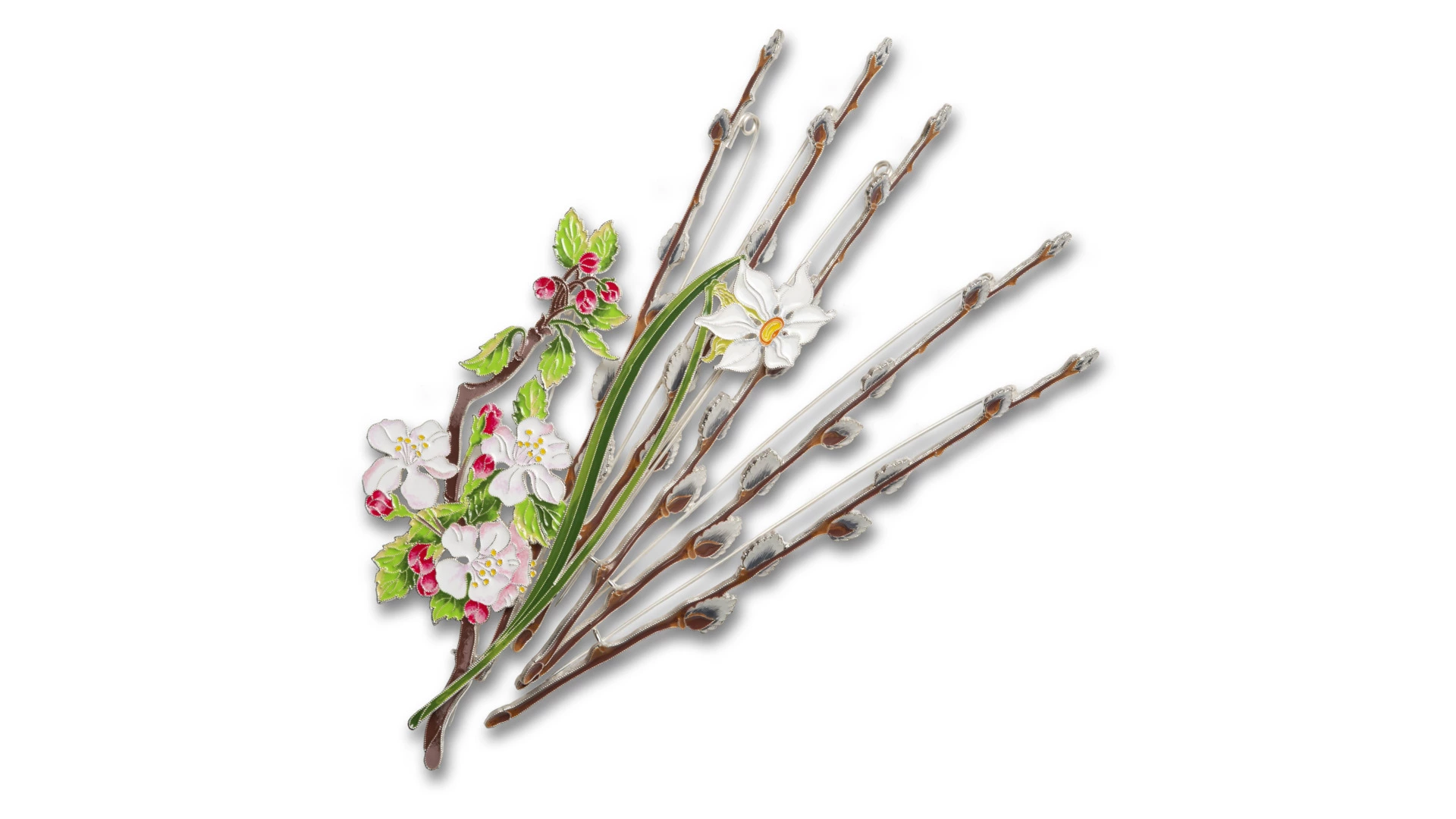 Брошь Русские самоцветы Верба 10,9 г, серебро 925