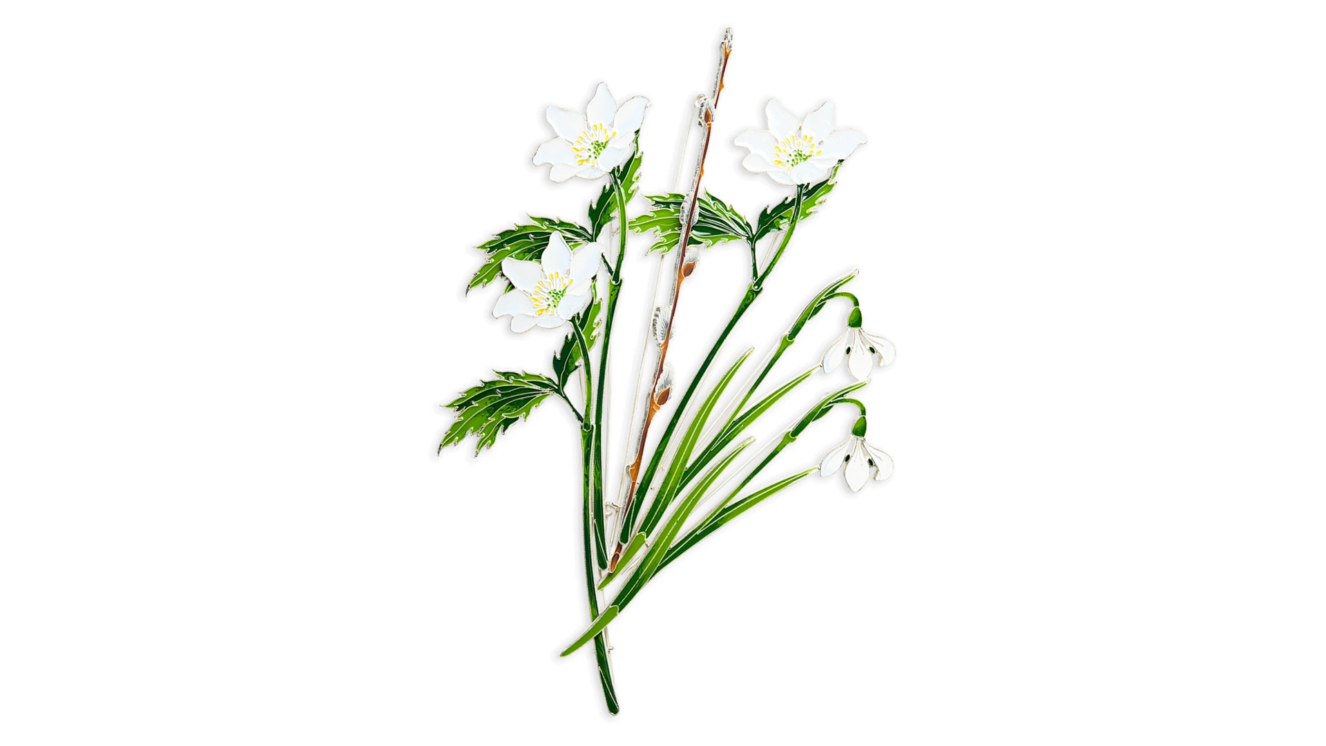 Брошь Русские самоцветы Верба 10,9 г, серебро 925