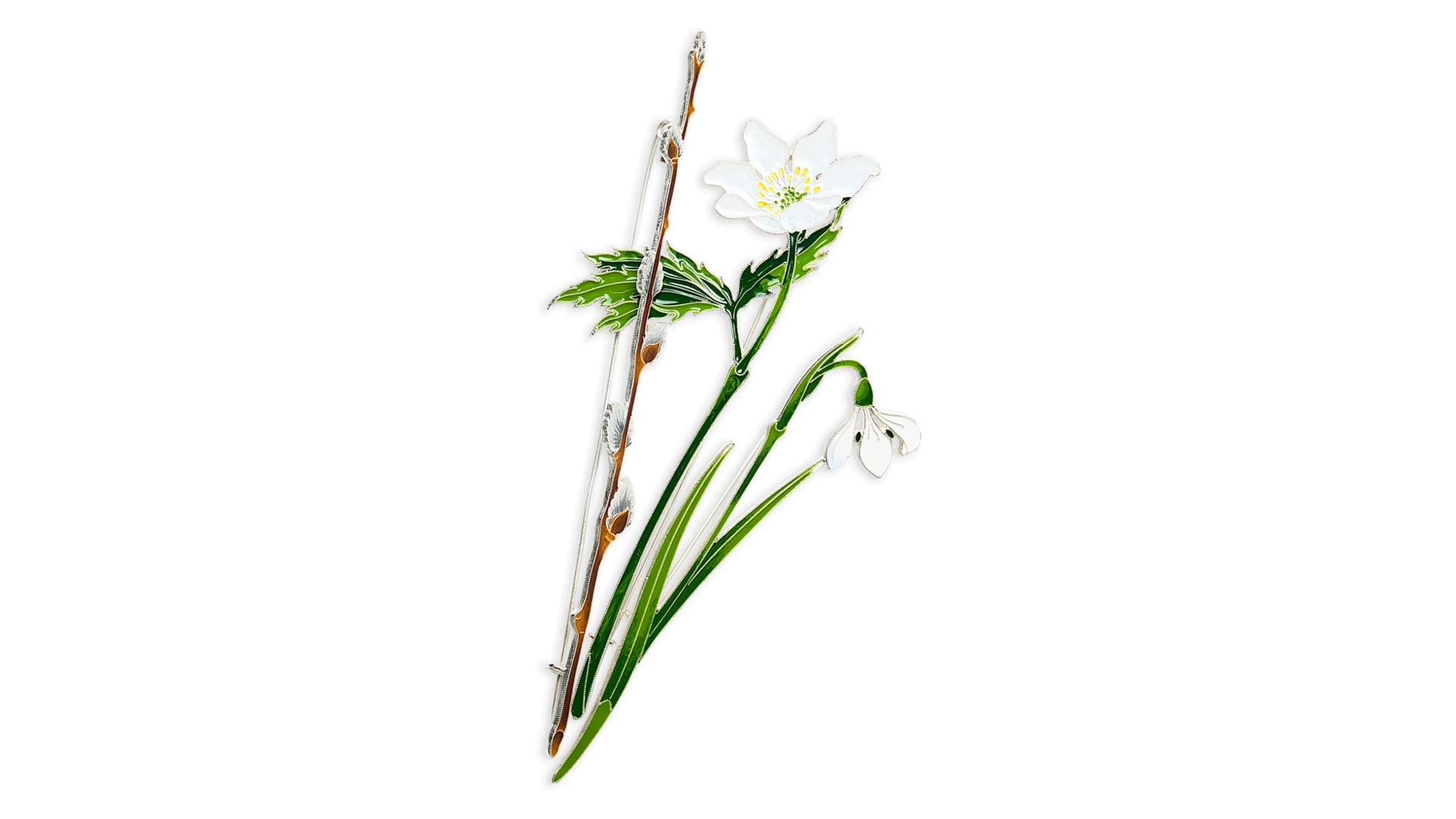 Брошь Русские самоцветы Верба 10,9 г, серебро 925