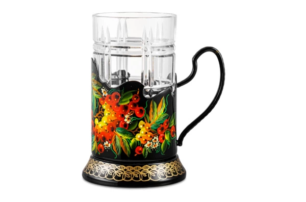 Стакан с подстаканником и росписью Тагильский поднос Рябина/Цветы 10х7 см, латунь, черный