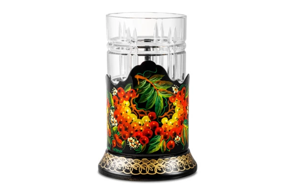 Стакан с подстаканником и росписью Тагильский поднос Рябина/Цветы 10х7 см, латунь, черный