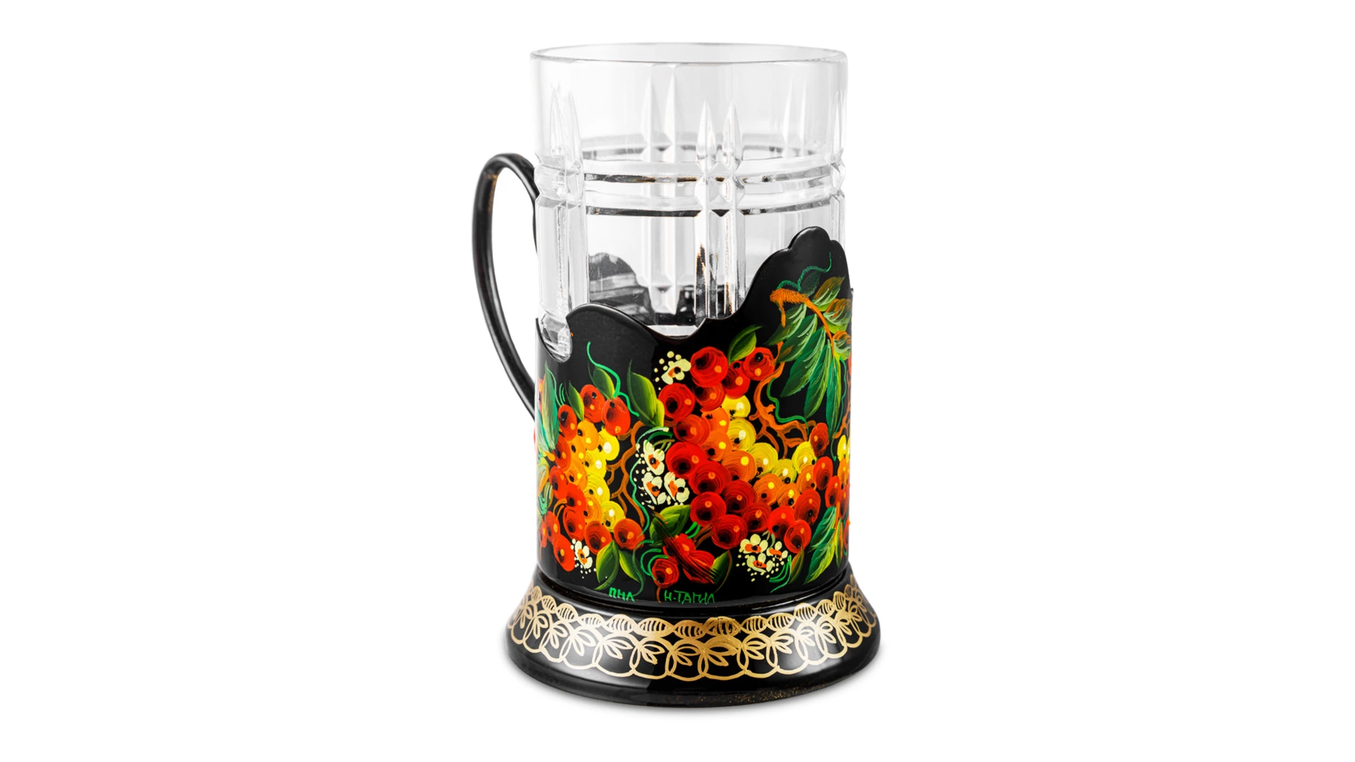 Стакан с подстаканником и росписью Тагильский поднос Рябина/Цветы 10х7 см, латунь, черный