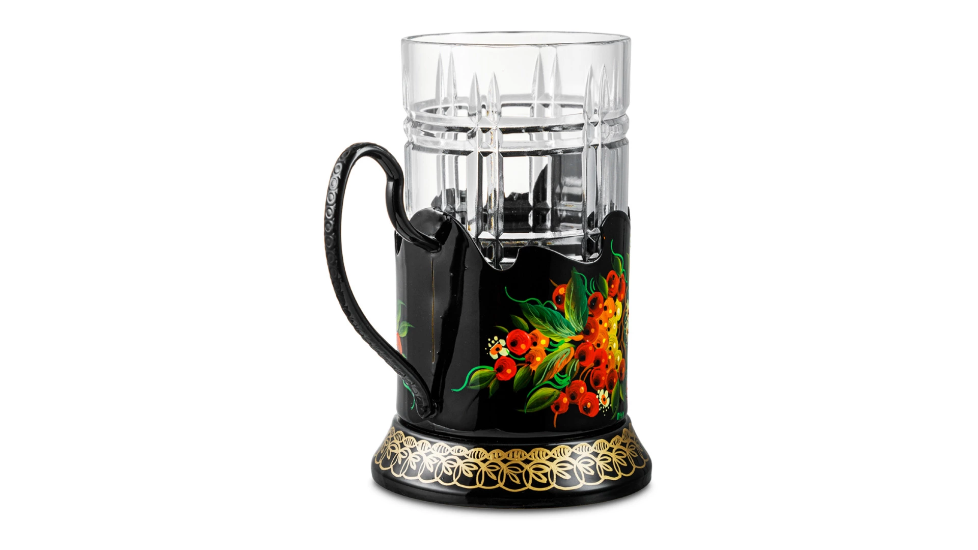 Стакан с подстаканником и росписью Тагильский поднос Рябина/Цветы 10х7 см, латунь, черный